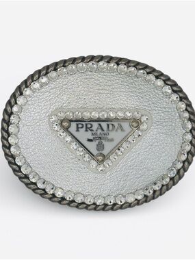 PRADA Upcycled Silver Crystal-Trim Leather Belt Buckle with Swarvoski Crystals